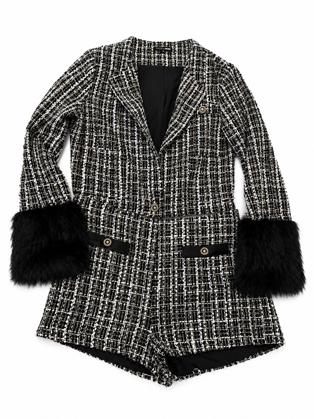 Fashion Nova Black and White gold Sparkle Tweed Blazer with Faux Fur Cuffs